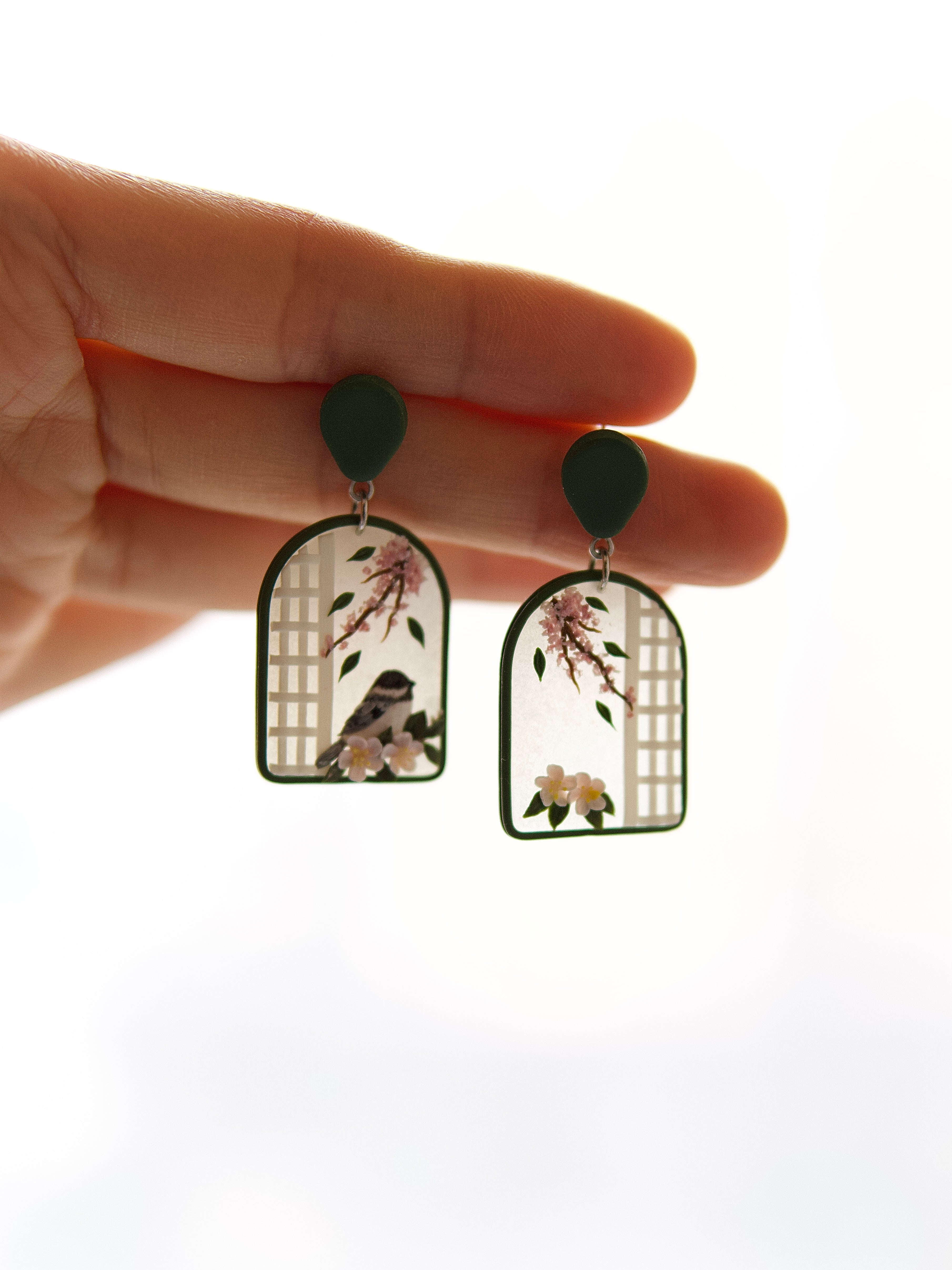 Bird and Blossom Window Earrings
