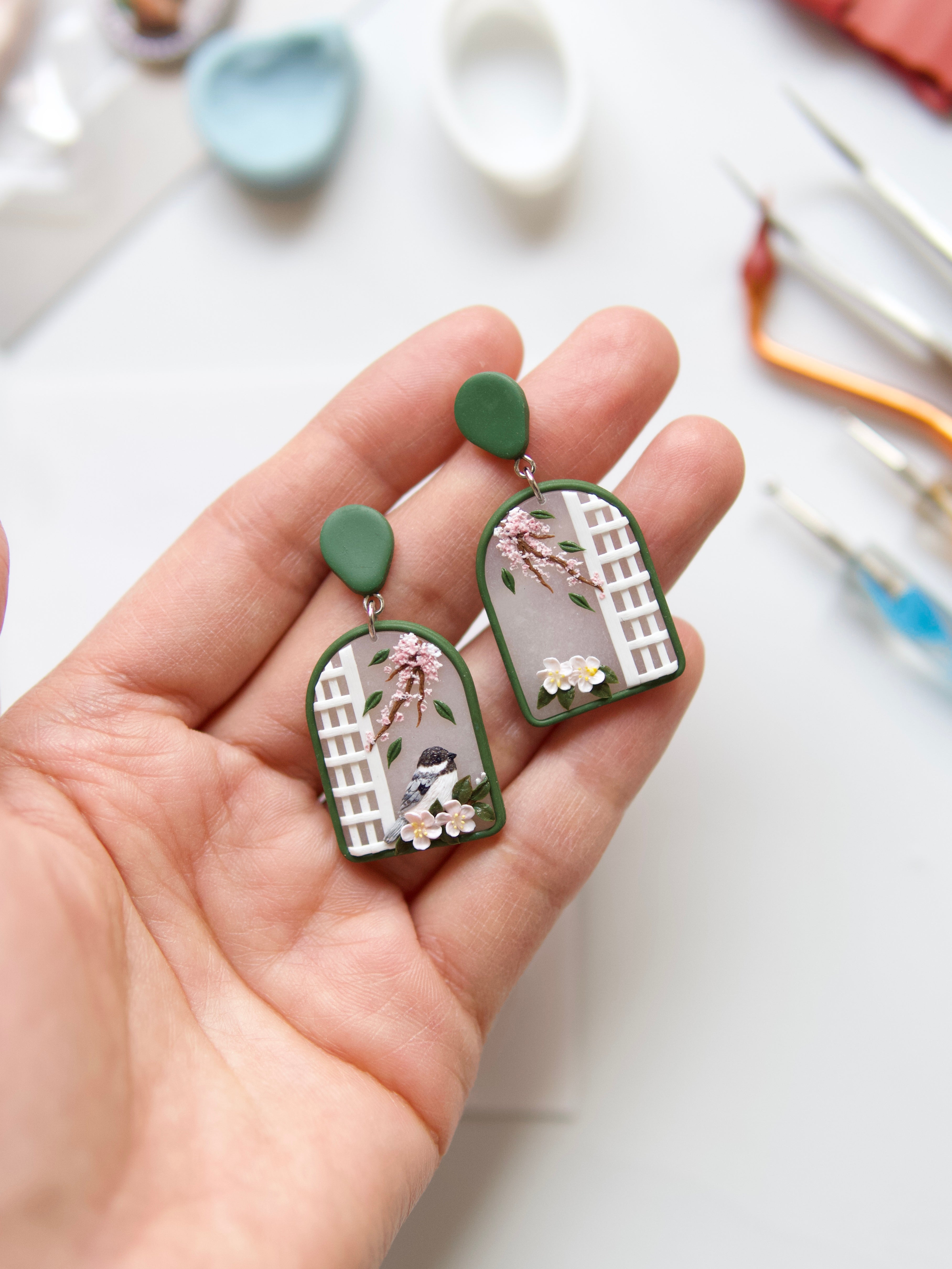 Bird and Blossom Window Earrings