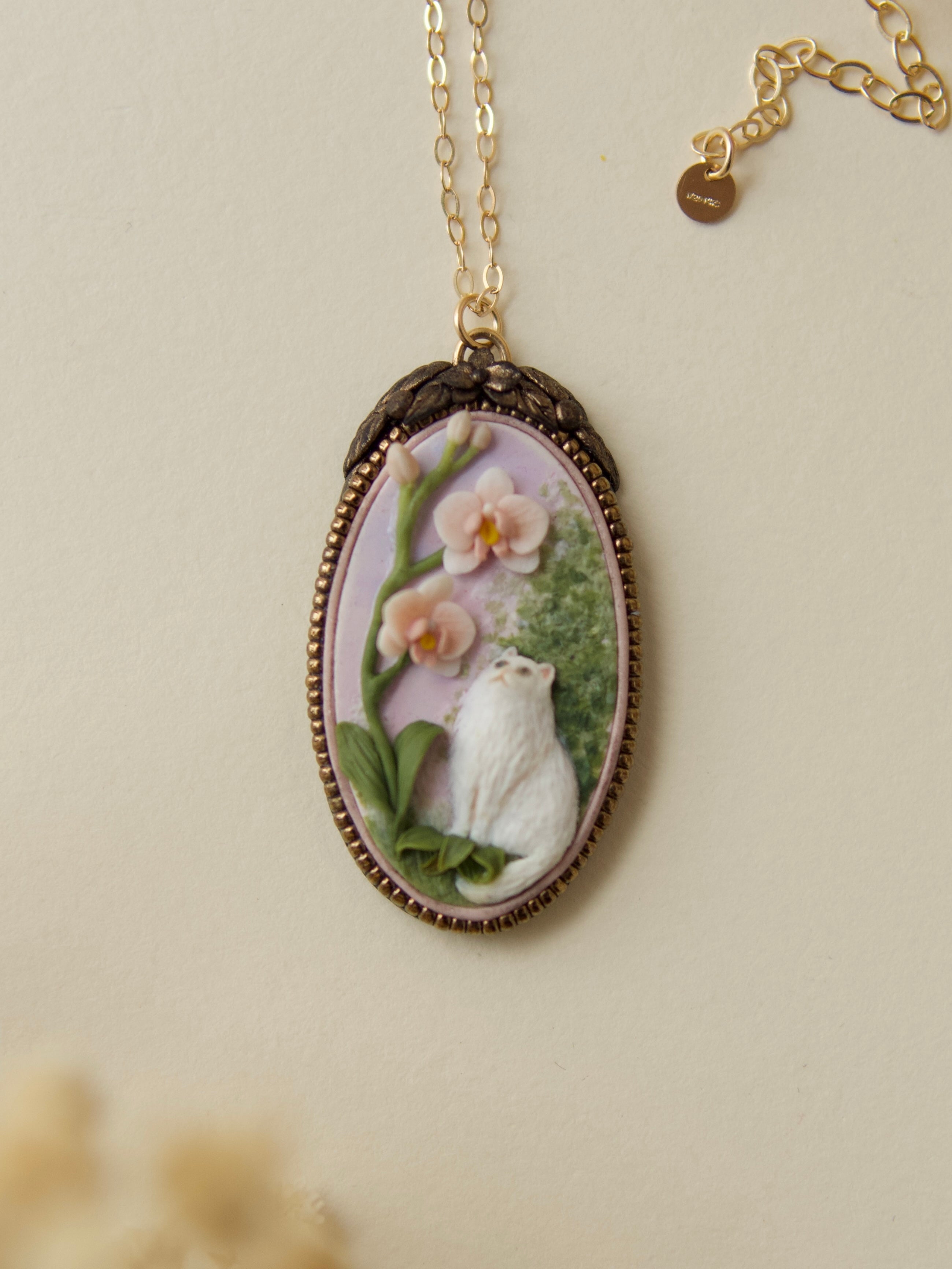 Cat and Orchid Necklace