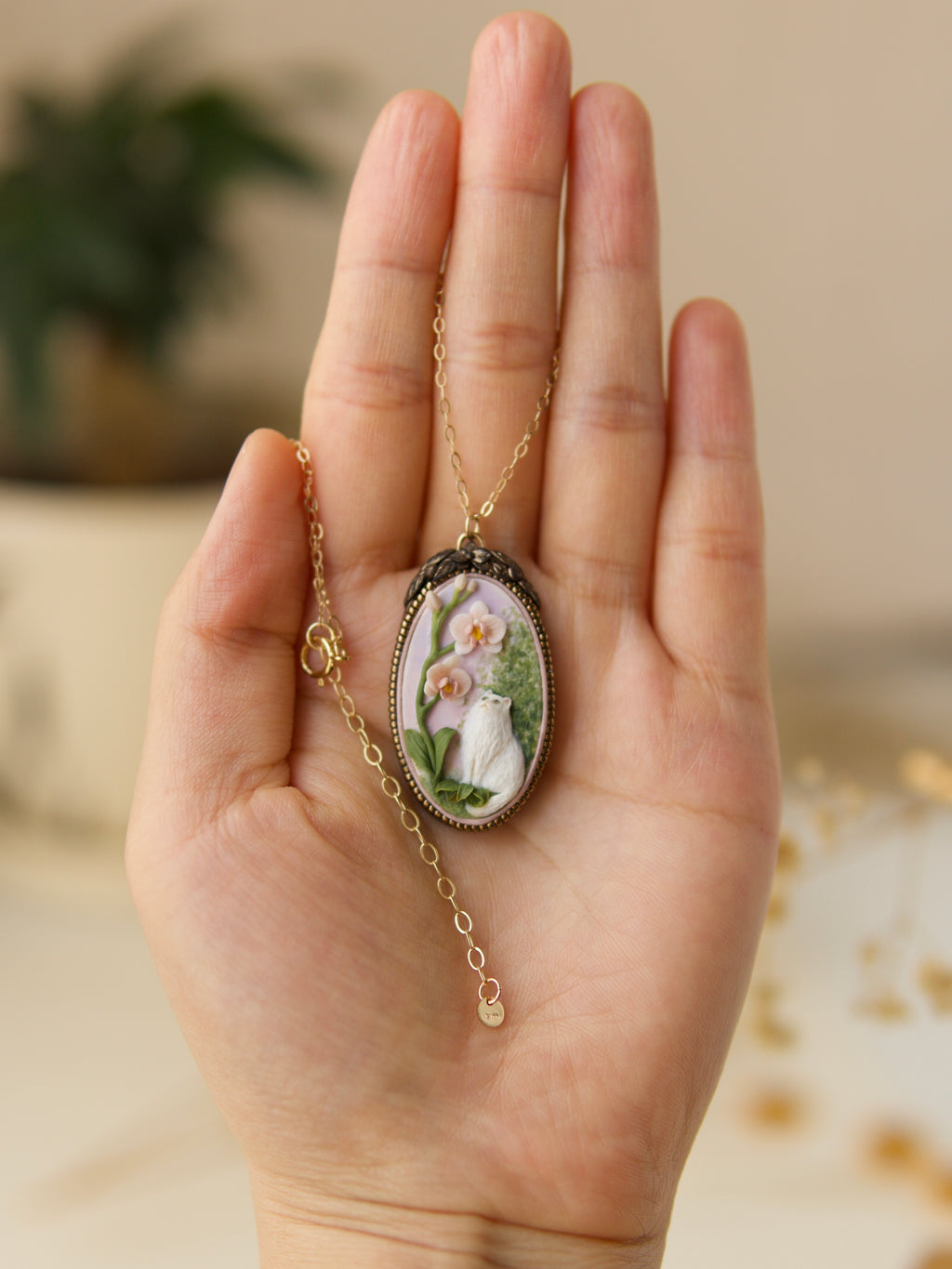 Cat and Orchid Necklace